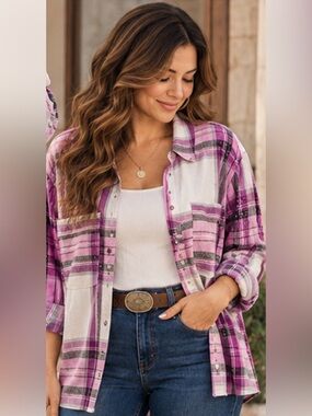 Cato XL Pink Purple Plaid Sequin Button Down Shirt Western Cowgirl 100% Cotton